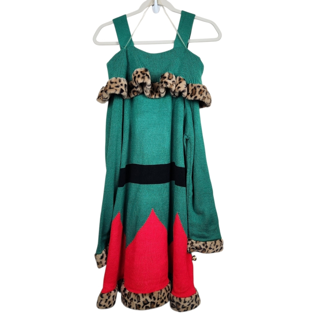 Holiday Time NWT Ugly Christmas Elf Dress Leopard Cheetah Faux Fur Women Size 2X - Picture 5 of 9